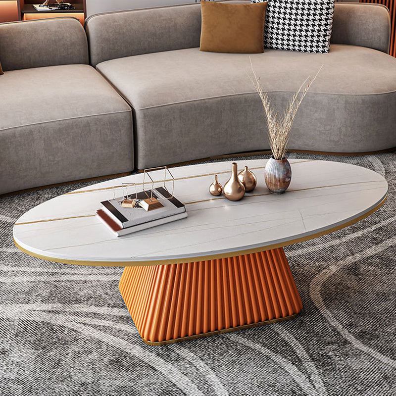 Square Block Base Design Rock Plate Top Metal Base Oval Coffee Table