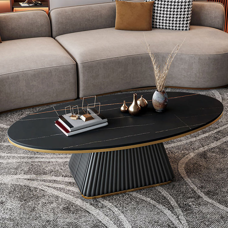 Square Block Base Design Rock Plate Top Metal Base Oval Coffee Table