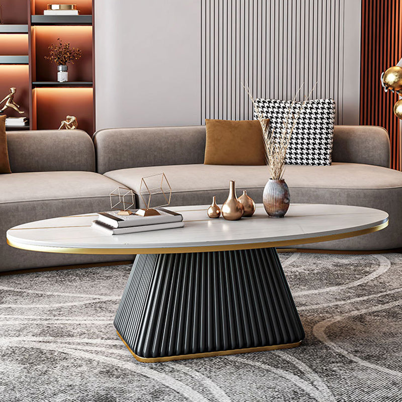 Square Block Base Design Rock Plate Top Metal Base Oval Coffee Table