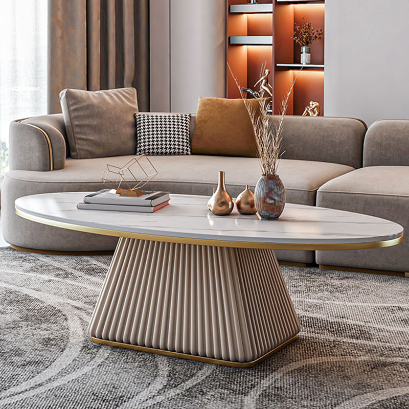 Square Block Base Design Rock Plate Top Metal Base Oval Coffee Table