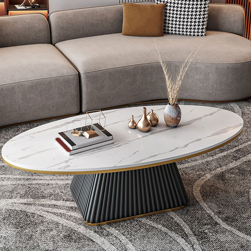 Square Block Base Design Rock Plate Top Metal Base Oval Coffee Table