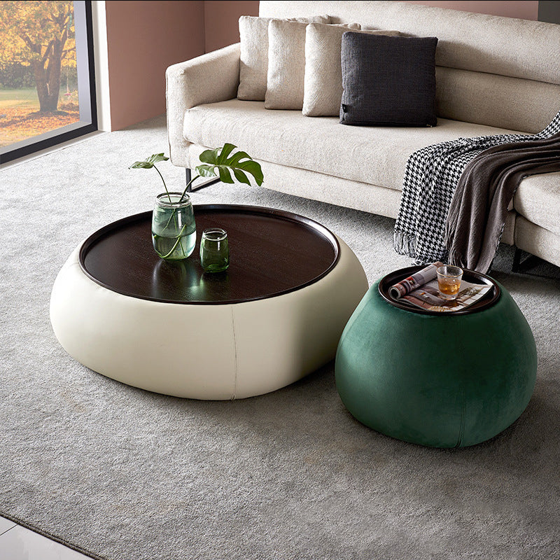 Modern Green/Orange/White Wood Round Pedestal Coffee Table with Storage