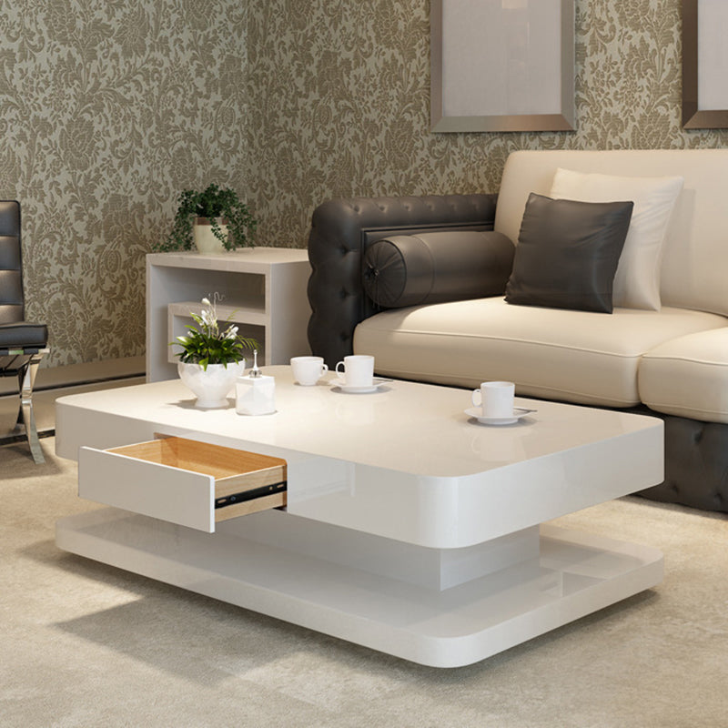 Rectangular White Glass/Wood Coffee Table Block 1 Single Cocktail Table with Drawer