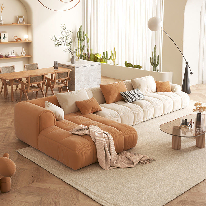 L-Shape Velvet Sectional with Recessed Arm and Pillow Back for Apartment