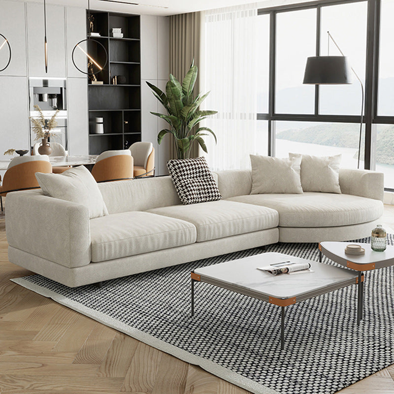 Flannelette Sectional Square Armrest Latex/down Upholstery Filled White Sofa