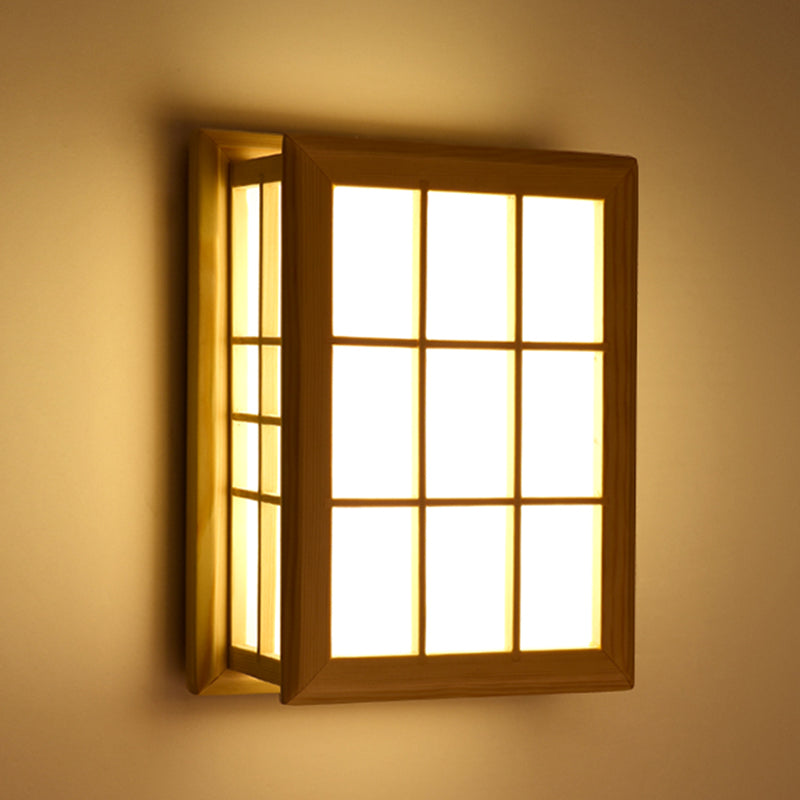 Japanese Style Wooden Wall Light Cuboid LED Wall Lamp with PVC Shade for Living Room