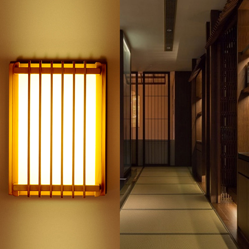 Japanese Style Wooden Wall Light Cuboid LED Wall Lamp with PVC Shade for Living Room