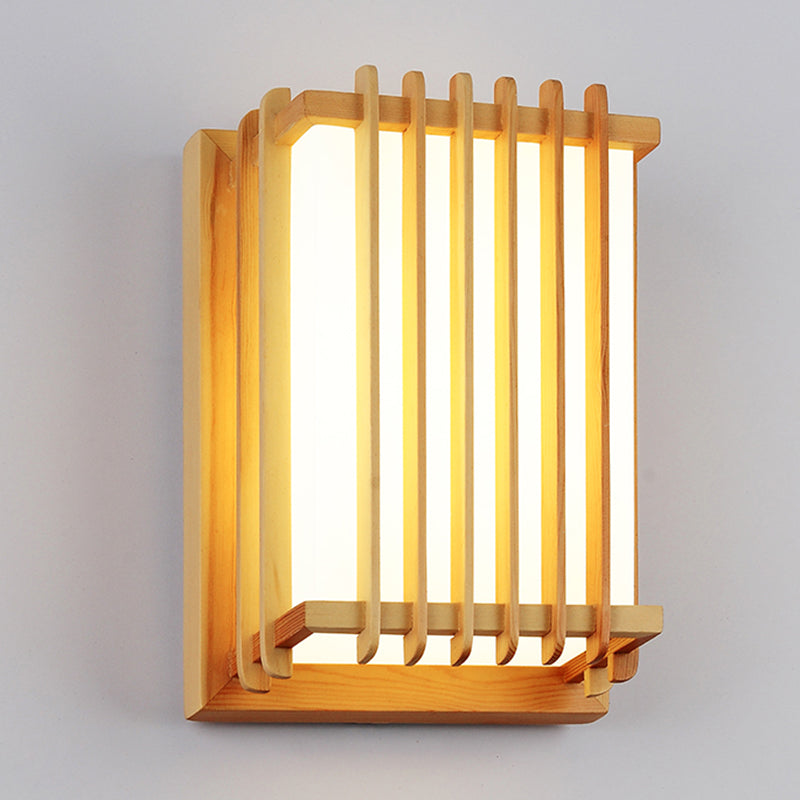 Japanese Style Wooden Wall Light Cuboid LED Wall Lamp with PVC Shade for Living Room