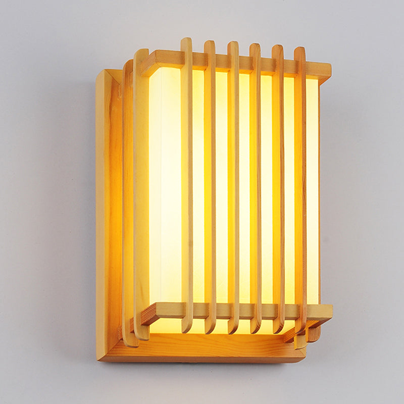 Japanese Style Wooden Wall Light Cuboid LED Wall Lamp with PVC Shade for Living Room
