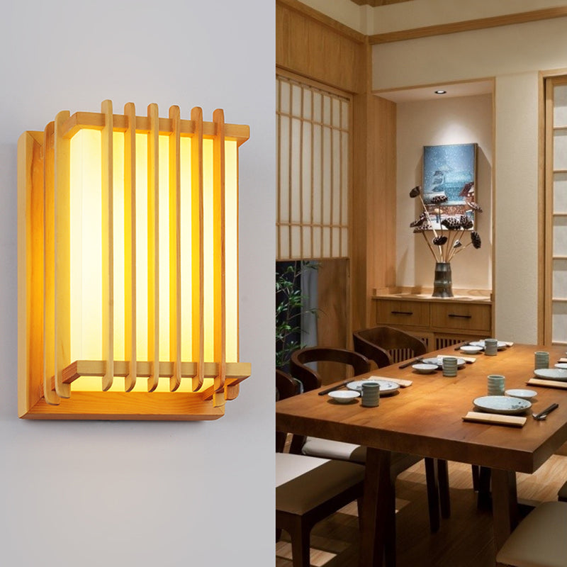 Japanese Style Wooden Wall Light Cuboid LED Wall Lamp with PVC Shade for Living Room