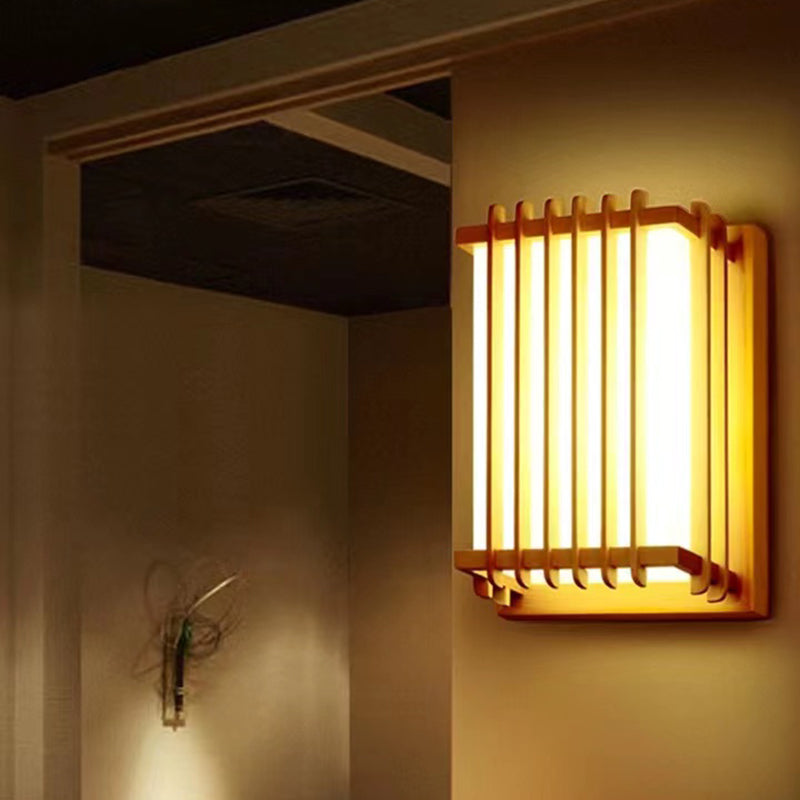 Japanese Style Wooden Wall Light Cuboid LED Wall Lamp with PVC Shade for Living Room