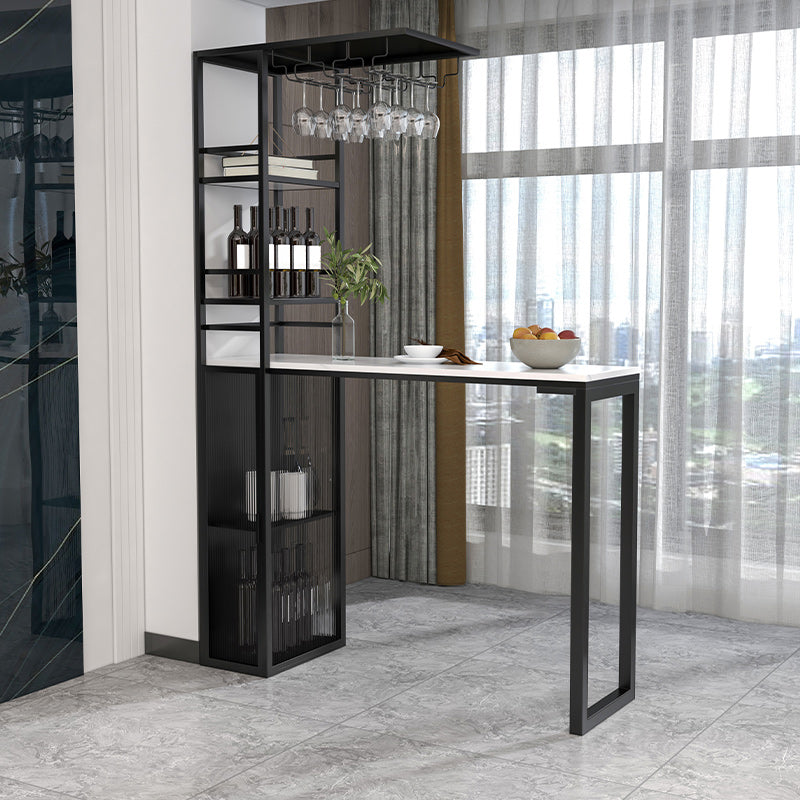 Stone Bar Dining Table Glam Rectangle Bar Table with Double Pedestal for Porch Balcony