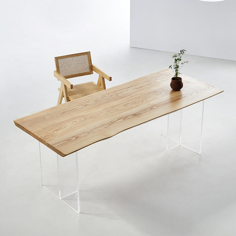 Natural Ash Wood Dining Table Rectangle Clear Acrylic Double Pedestal Table