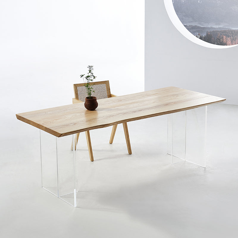 Natural Ash Wood Dining Table Rectangle Clear Acrylic Double Pedestal Table