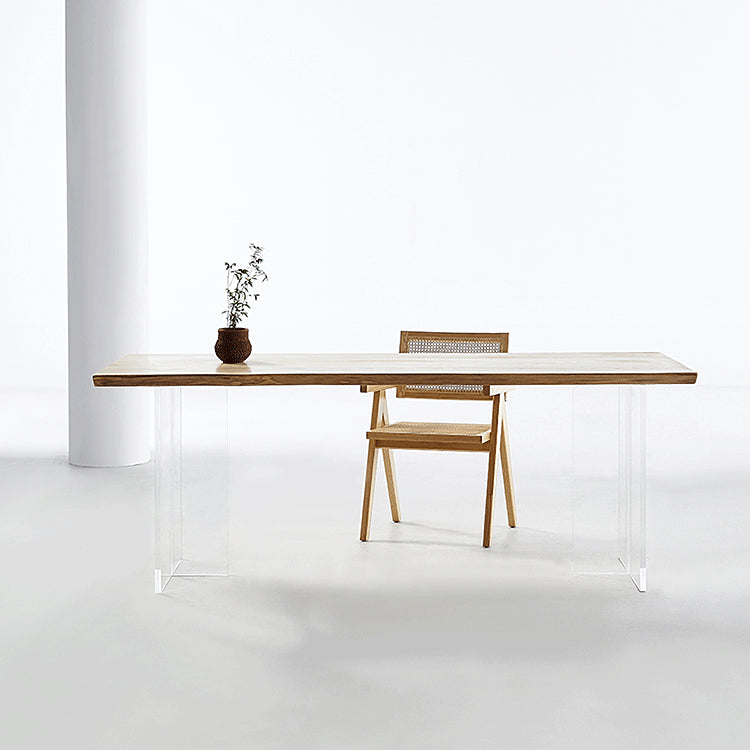 Natural Ash Wood Dining Table Rectangle Clear Acrylic Double Pedestal Table