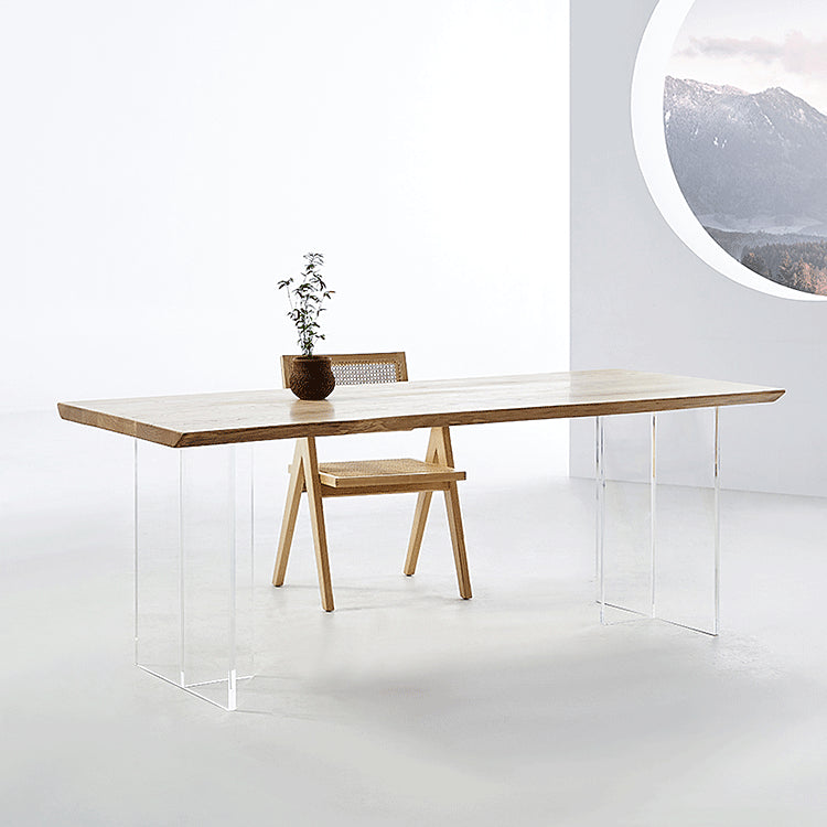 Natural Ash Wood Dining Table Rectangle Clear Acrylic Double Pedestal Table