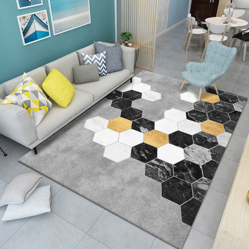 Grey Modern Rug Polyester Hexagon Rug Washable Rug for Drawing Room