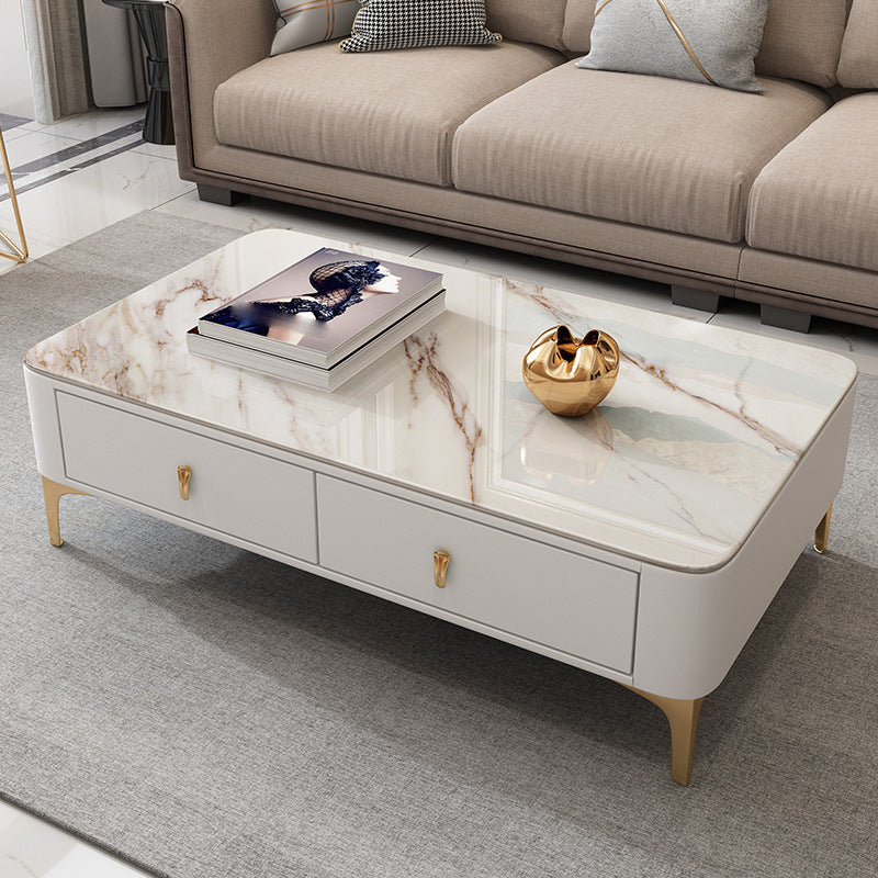 Modern Rectangular Stone Coffee Cocktail Table with Drawers, 47.2" W x 23.6" D x 15.7" H