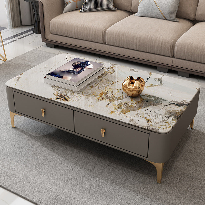 Modern Rectangular Stone Coffee Cocktail Table with Drawers, 47.2" W x 23.6" D x 15.7" H