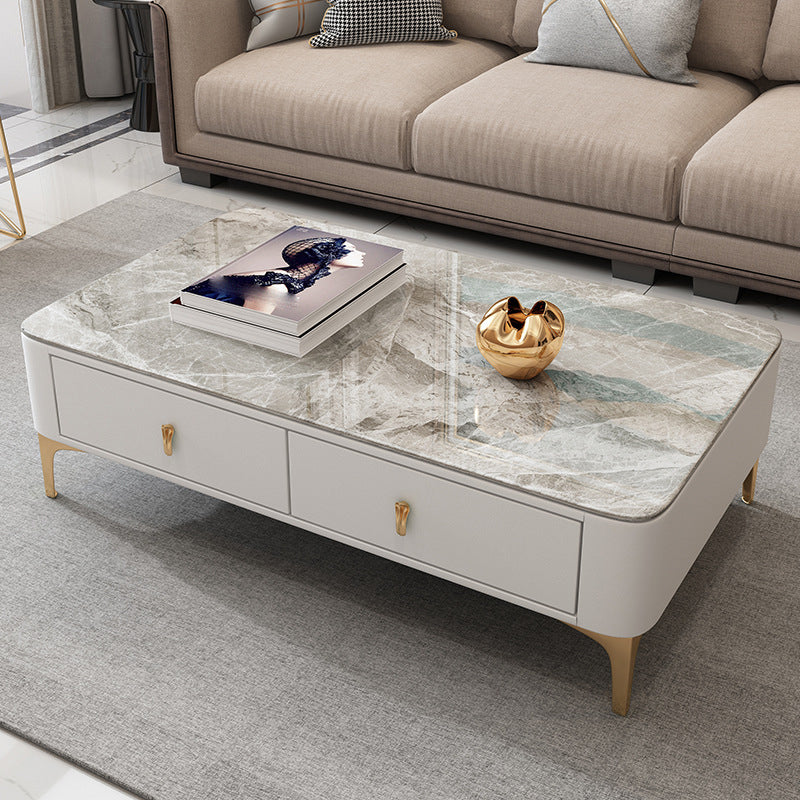 Modern Rectangular Stone Coffee Cocktail Table with Drawers, 47.2" W x 23.6" D x 15.7" H