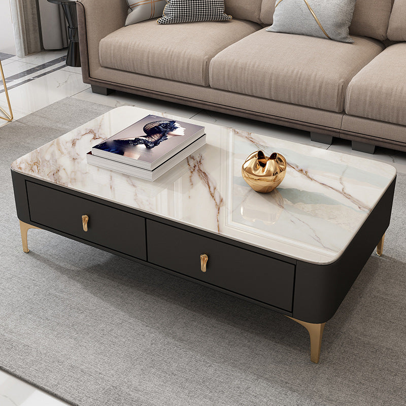 Modern Rectangular Stone Coffee Cocktail Table with Drawers, 47.2" W x 23.6" D x 15.7" H