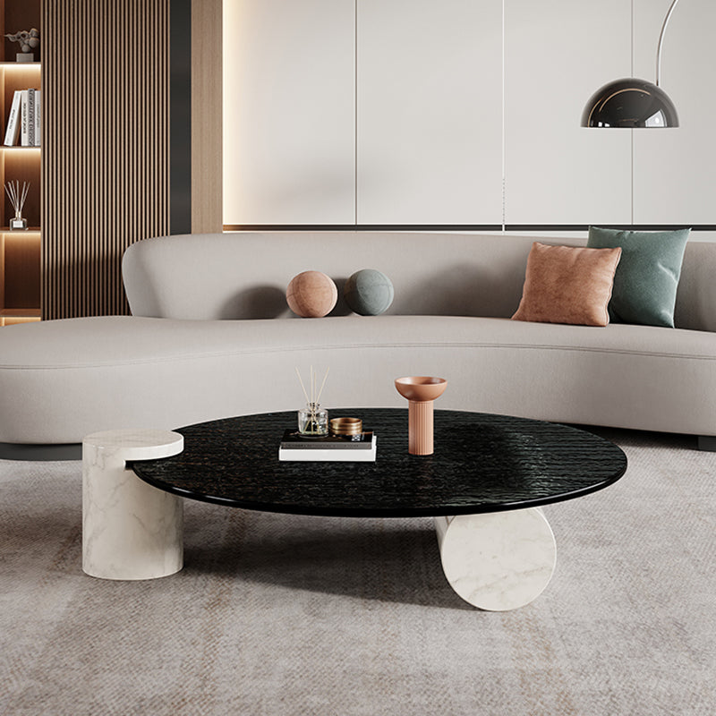 Modern Marble 2 Legs Coffee Table Round Glass Top Cocktail Table in Clear