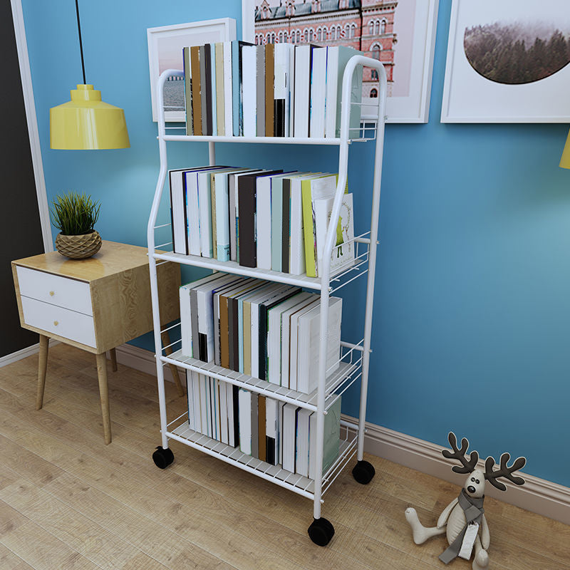 Modern Steel Bookshelf with Wheels Open Bookcase for Living Room