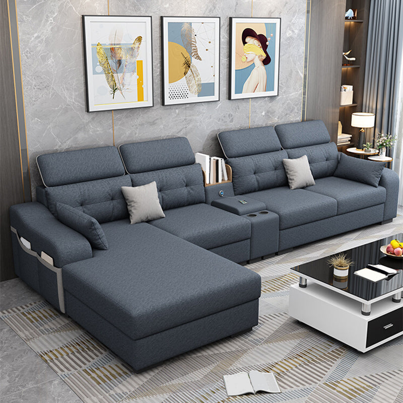 Cotton Blend Pillowed Back L-Shape Cushions Furniture Sectionals for 4 People