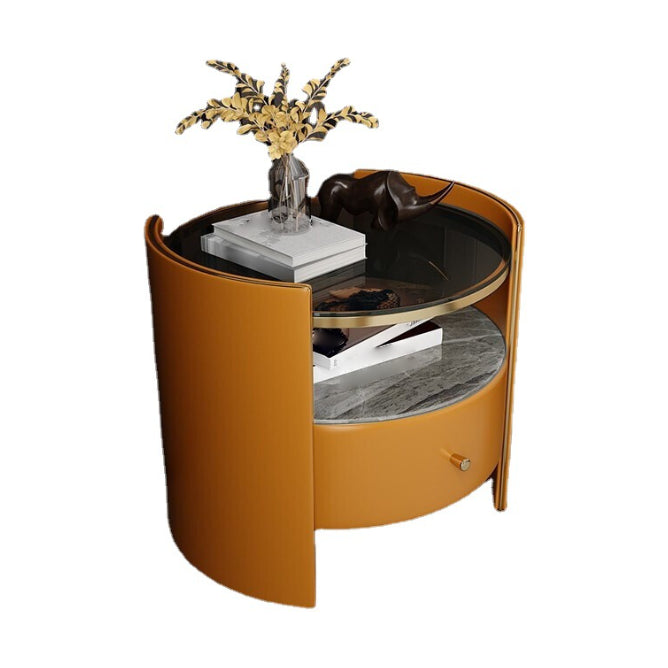 1-Drawer Glass Top Nightstand, 19.69" Tall 1-Shelf Leather Night Stand