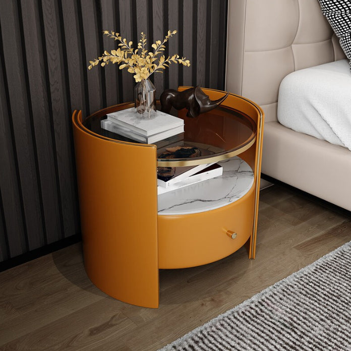 1-Drawer Glass Top Nightstand, 19.69" Tall 1-Shelf Leather Night Stand