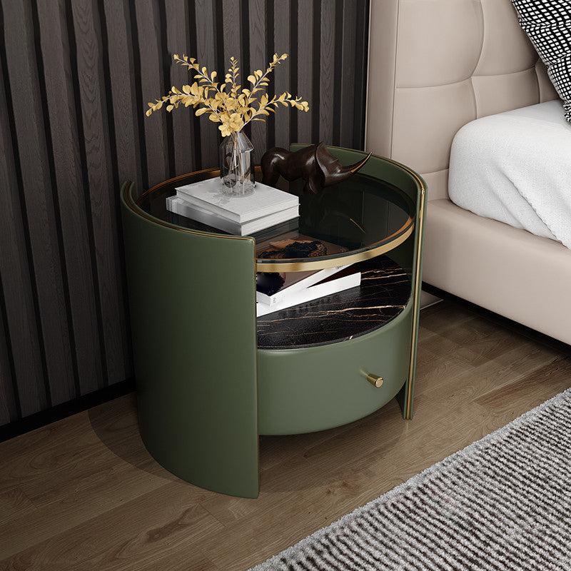 1-Drawer Glass Top Nightstand, 19.69" Tall 1-Shelf Leather Night Stand