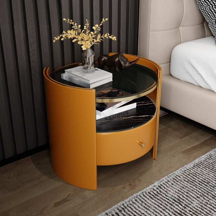 1-Drawer Glass Top Nightstand, 19.69" Tall 1-Shelf Leather Night Stand