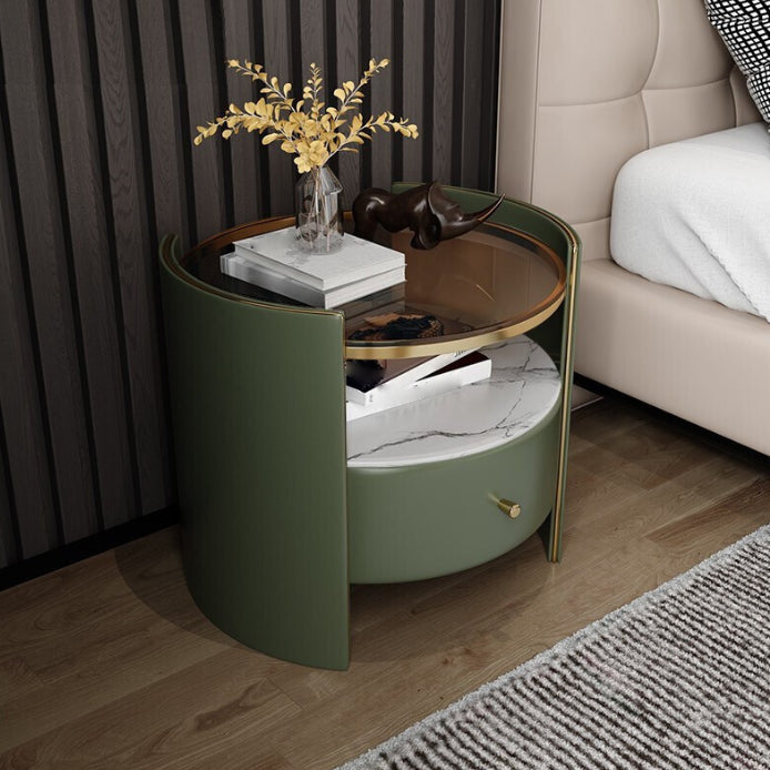 1-Drawer Glass Top Nightstand, 19.69" Tall 1-Shelf Leather Night Stand