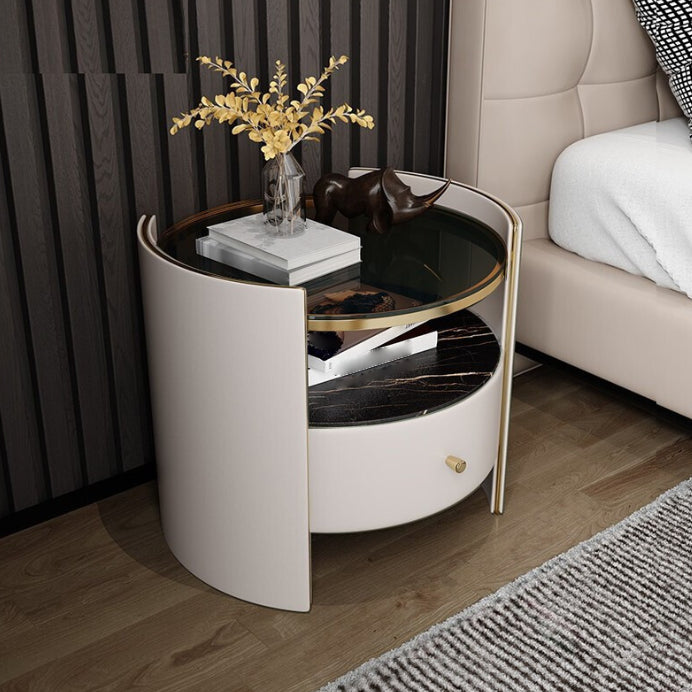 1-Drawer Glass Top Nightstand, 19.69" Tall 1-Shelf Leather Night Stand