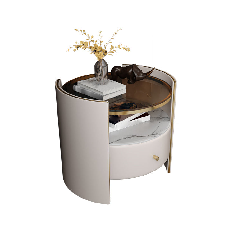 1-Drawer Glass Top Nightstand, 19.69" Tall 1-Shelf Leather Night Stand