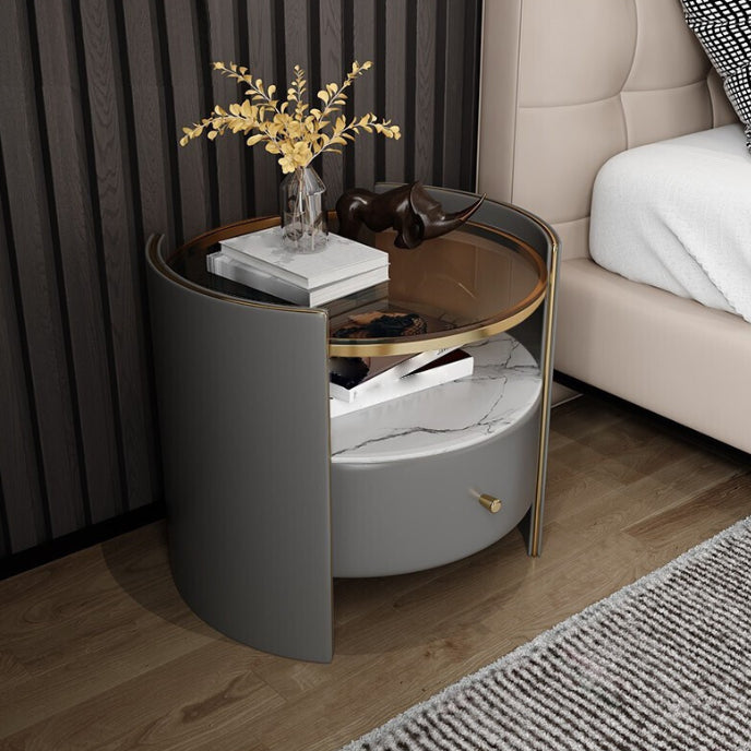 1-Drawer Glass Top Nightstand, 19.69" Tall 1-Shelf Leather Night Stand