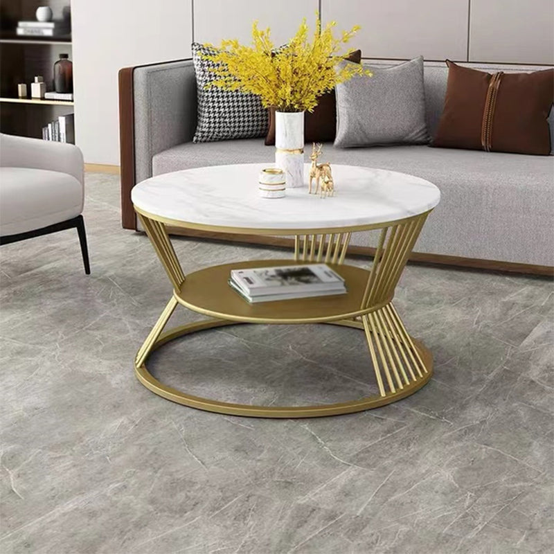 Modern Slate Frame Coffee Table Open Shelf Round Cocktail Table in Black/White