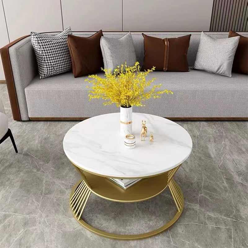 Modern Slate Frame Coffee Table Open Shelf Round Cocktail Table in Black/White