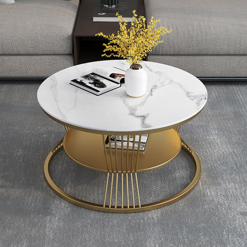 Modern Slate Frame Coffee Table Open Shelf Round Cocktail Table in Black/White