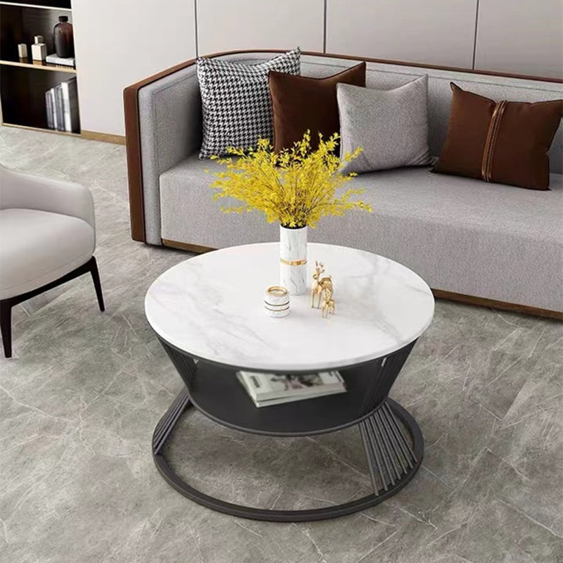 Modern Slate Frame Coffee Table Open Shelf Round Cocktail Table in Black/White