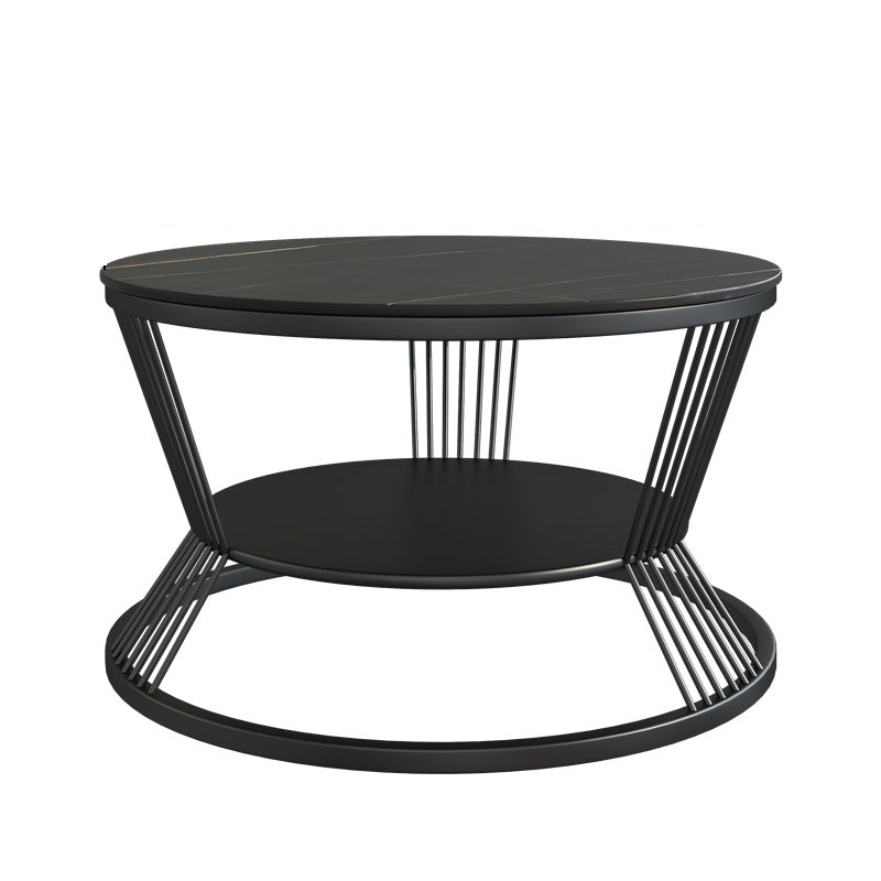 Modern Slate Frame Coffee Table Open Shelf Round Cocktail Table in Black/White