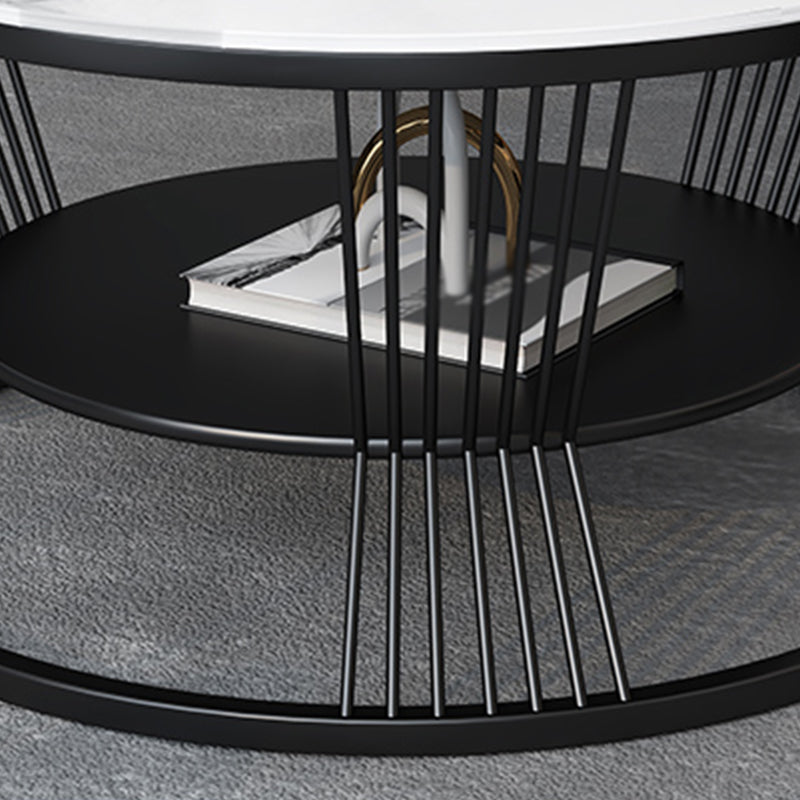 Modern Slate Frame Coffee Table Open Shelf Round Cocktail Table in Black/White