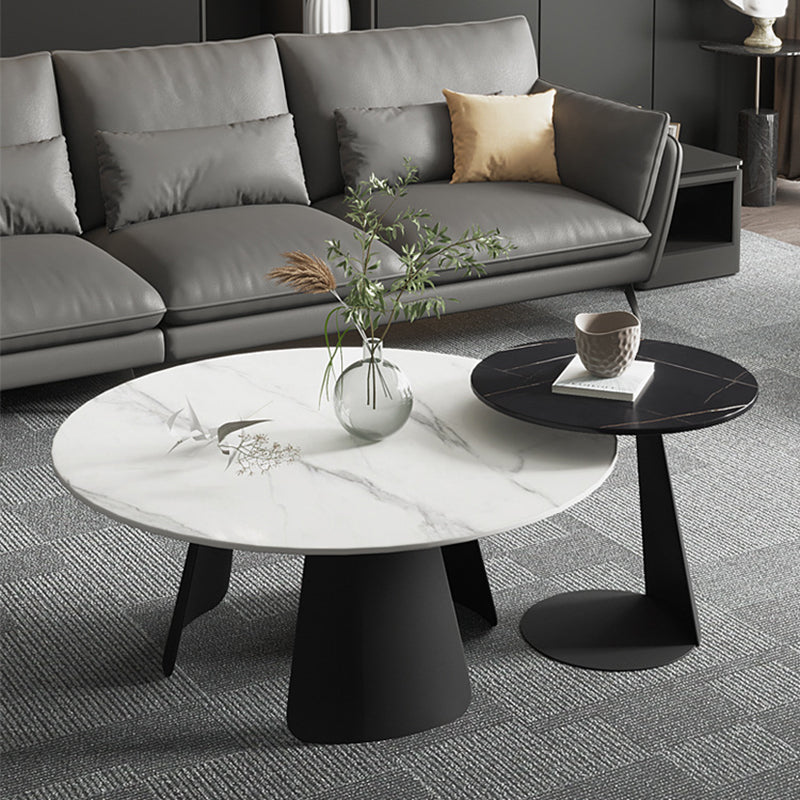 Modern Black and White Coffee Table Round Slate and Metal Table