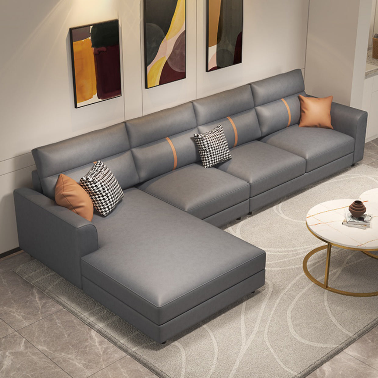 4 Seater Mid Century Modern Sofa & Chaise Faux Leather Square Arm Sofa