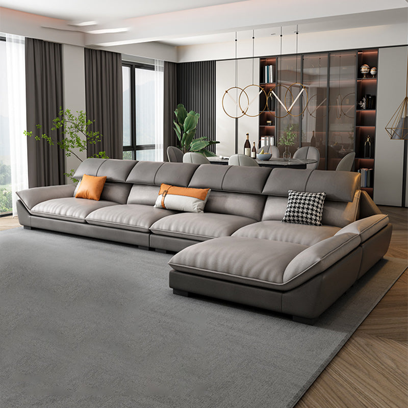 4-seat Faux Leather Retro Sofa & Chaise Grey Pillow Top Arm Sofa