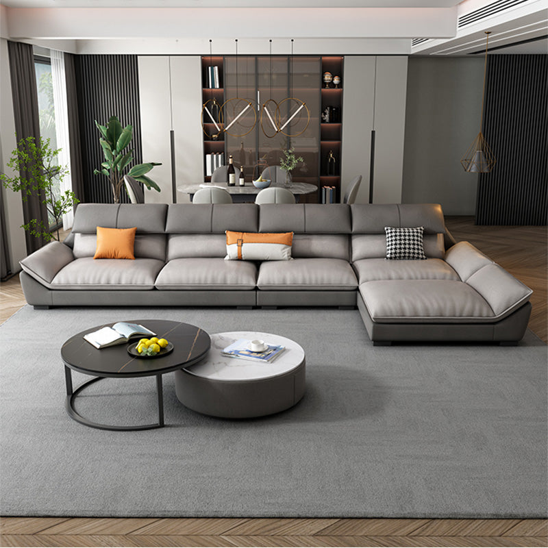 4-seat Faux Leather Retro Sofa & Chaise Grey Pillow Top Arm Sofa