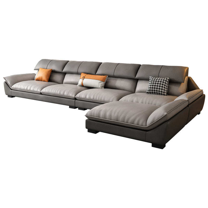 4-seat Faux Leather Retro Sofa & Chaise Grey Pillow Top Arm Sofa
