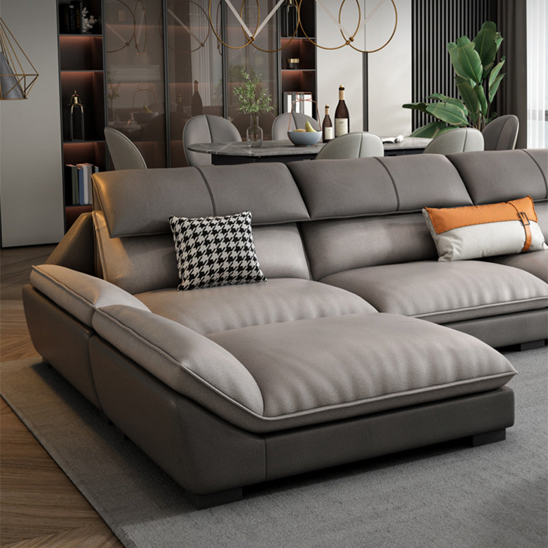 4-seat Faux Leather Retro Sofa & Chaise Grey Pillow Top Arm Sofa