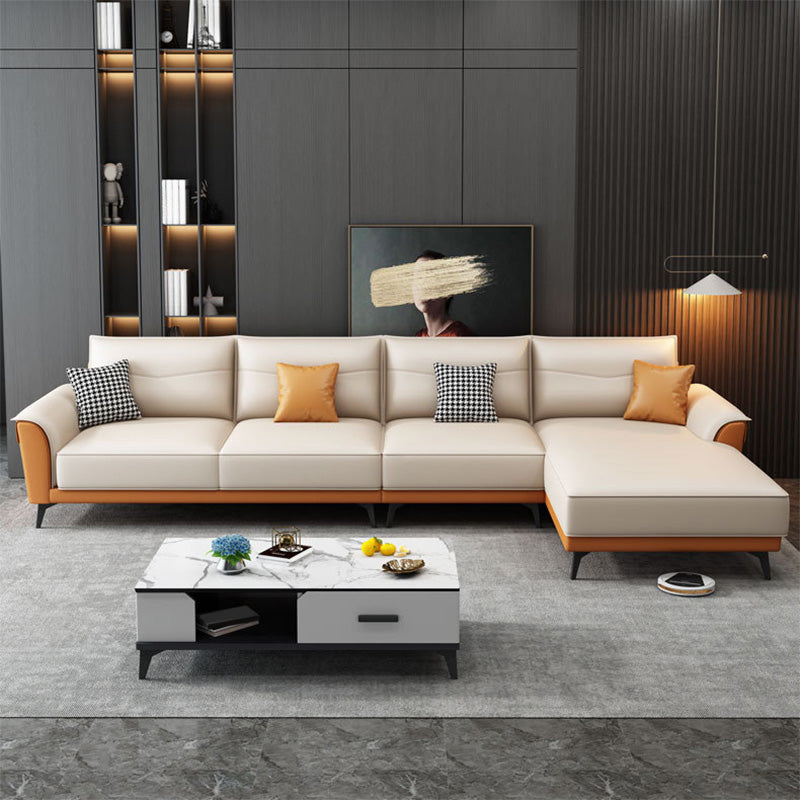 4-seat Flared Arm Sofa & Chaise Mid Century Modern Faux Leather Sofa