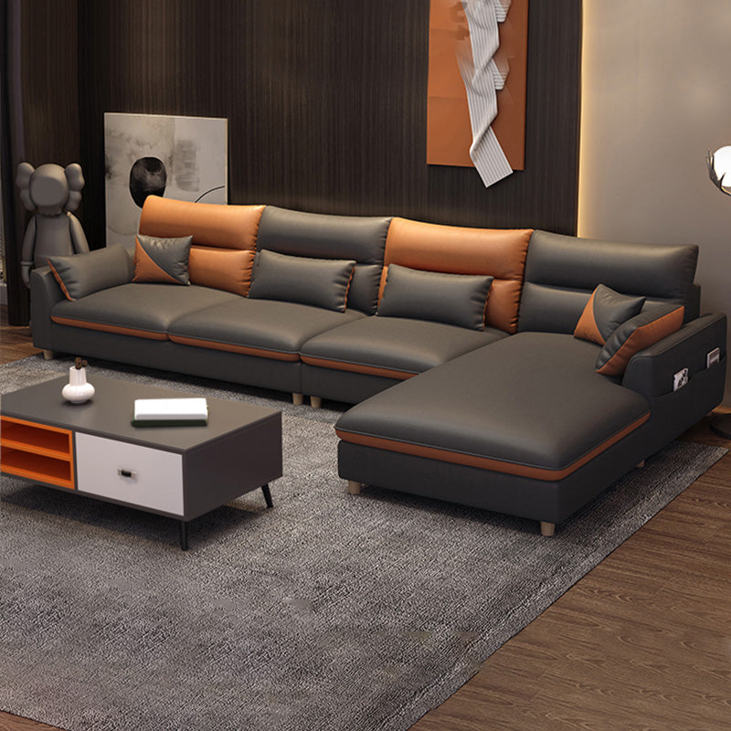 Contemporary Right Hand Facing Sofa & Chaise L-Shape Faux Leather Sofa